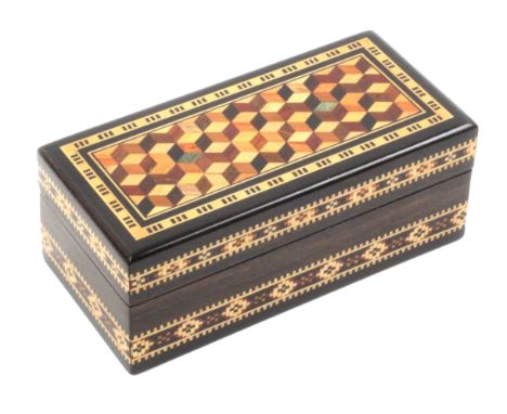 A Tunbridge ware coromandel wood small box by Thomas Barton, the hinged lid with a fine panel of cube work within geometric b