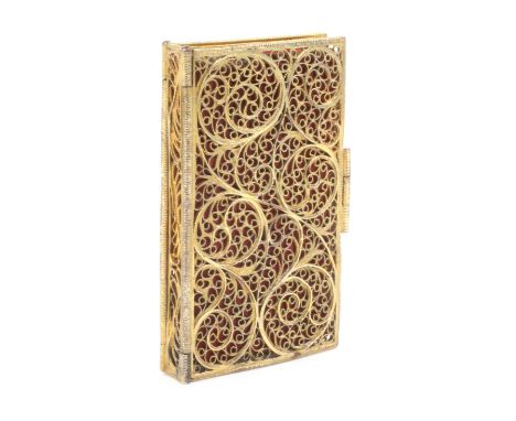 A choice example of a Georgian silver gilt filigree needle book, quill work covers and spine, hinged catch, containing a red 