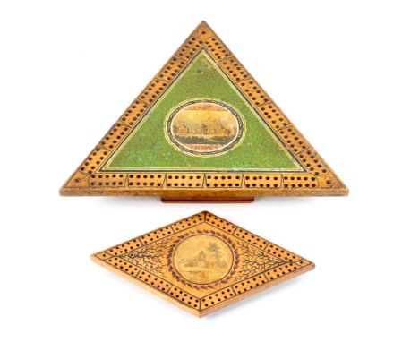 Two whitewood print and paint decorated Tunbridge ware cribbage boards, comprising a triangular example with a central circul