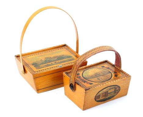 Two whitewood print and paint decorated Tunbridge ware small sewing panniers, one with a rectangular pin hinge lid with colou