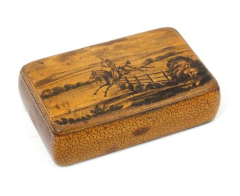 A Scottish sycamore snuff box, with wooden hinge, decorated in penwork, the lid with a scene of a mounted huntsman taking a f