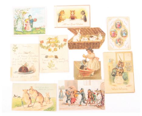Ten Victorian / Edwardian Christmas cards, two by Louis Wain, largest 12.5 x 9cms, another cat and child, two anthropomorphic