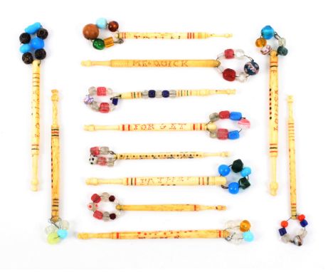 Fifty lace bobbins, comprising thirty one in bone including spot inscribed – To Only Me Constant Be / Marrey Me Quick / Forge