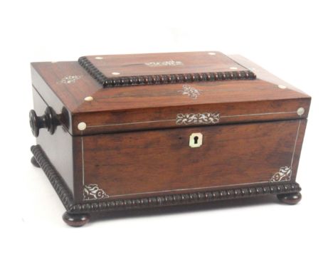 Miss Shephard’s rosewood and inlaid sarcophagol form sewing box, 1839, raised on bun feet with turned knob side handles, the 