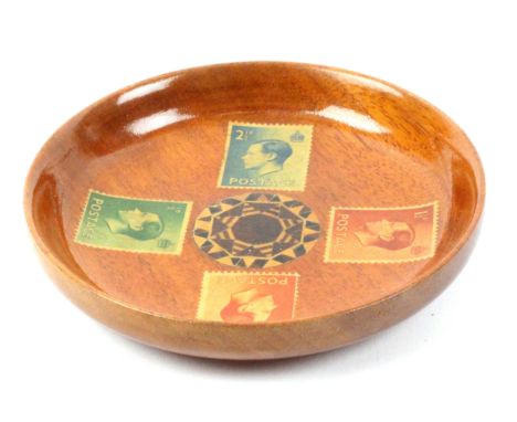 An unusual turned mahogany Tunbridge ware stamp dish by Thomas Green of Rye, the bowl centred by a stick ware circle within f