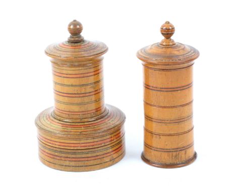 Two whitewood ring painted Tunbridge ware penners, comprising an example on circular box base, 7cms dia. at base, the other i