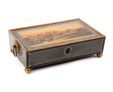A whitewood print and paint decorated Tunbridge ware sewing box, of rectangular form, the pin hinge lid with a colour print t