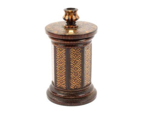 A rosewood Tunbridge ware sealing wax companion, the turned circular base with striker, the octagonal body in geometric mosai