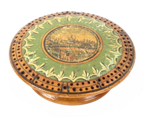 An unusual whitewood print and paint decorated Tunbridge ware circular cribbage board, the domed top with central circular pr