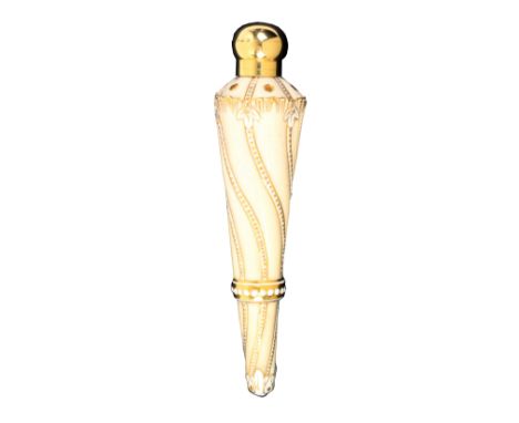 A Coalport porcelain scent bottle, of tapering cylinder form, the ivorine ground with bands of scrolling gilt dots, silver gi