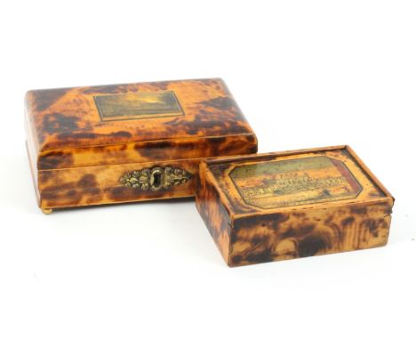 Two burnt whitewood print decorated Tunbridge ware small boxes, comprising a small sewing box on gilt brass ball feet, the li