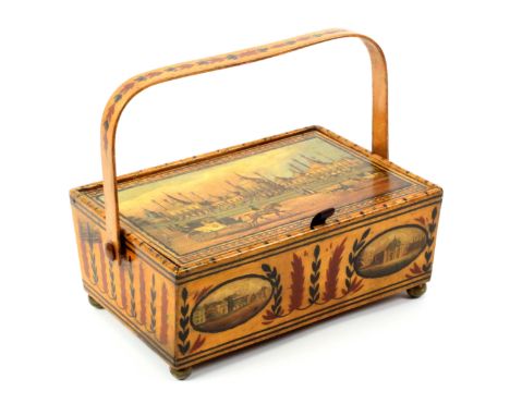 A fine whitewood, print and paint decorated Tunbridge ware sewing pannier, the pin hinge rectangular lid with a colour print 