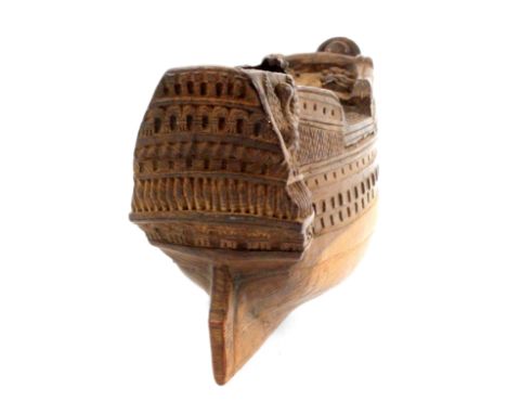 A good late 18th Century carved wood snuff box in the form of a ‘man o war’, possibly French Prisoner of War work, deep keel 