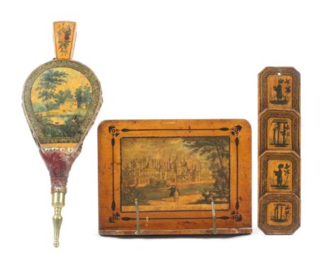 Three whitewood Tunbridge ware pieces, comprising a set of bellows painted with a country house in rural landscape, leather h