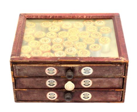 A red leatherette three drawer counter display chest for ‘Dewhurst’s Sylko Three Shells Silk Substitute Machine Twist’, appli