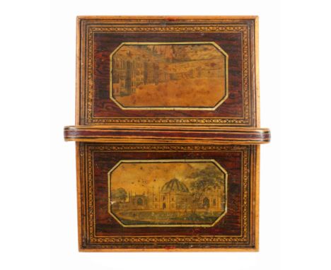 A simulated rosewood paint and print decorated Tunbridge ware sewing pannier, by Wise, the stepped base fitted with a drawer 
