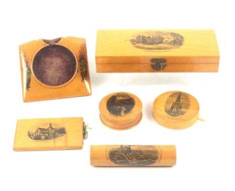 Mauchline ware, six pieces, comprising a wedge form watch stand (Drumtochty Castle / Auchin blae / colour seaweed), 7.5cms wi