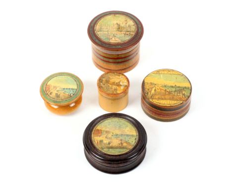 Five print decorated Tunbridge ware circular boxes, four in whitewood comprising an example with circular colour print of Mar