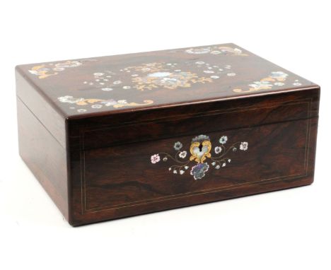 A rosewood and inlaid fitted sewing box by Woodfield, circa 1850, of rectangular form, the front and lid inlaid with engraved