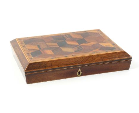 A rosewood Tunbridge ware skein box, of shallow rectangular form, the lid in cube work within inlaid and canted borders, bone