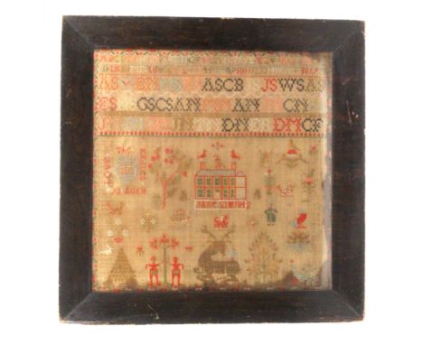 A sampler ‘Jane Sim 1842’, worked with alphabets and numerals, over a house within figures, animals, a ship, tree of life, st