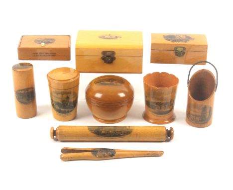 Mauchline ware, ten pieces, comprising a rectangular box (Hydropathic Establishment, Kil**lcolm), 10.4cms, a smaller box (Lin
