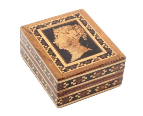 A Tunbridge ware stamp box, of rectangular form, the lid in fine mosaic with portrait head of the young Queen Victoria within