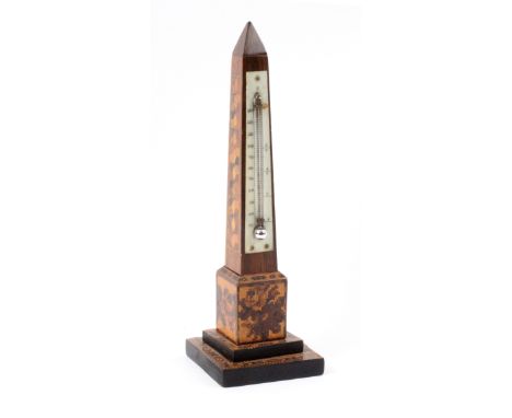 A rosewood Tunbridge ware obelisque form desk thermometer, the stepped base in geometric and floral mosaic, the mercury therm