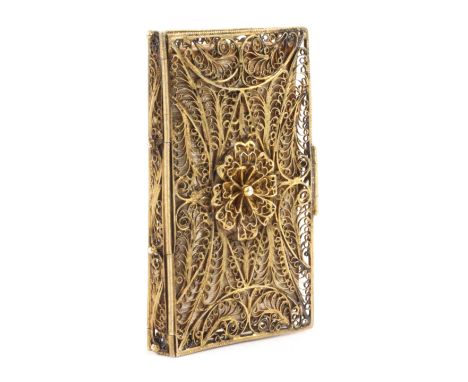 A good example of an early Georgian silver gilt filigree needle book, elaborate quill work covers centred by floral bosses, t