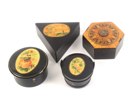 Mauchline ware, sewing, four reel boxes, all black ground comprising a scarce hexagonal fortune telling example ‘Artina Paten