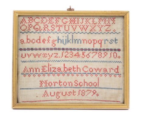 A simple school sampler ‘Ann Elizabeth Coward, Norton School, August 1879’, worked in blue and red with alphabets and numeral