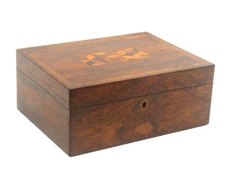 A rosewood Tunbridge ware sewing box, of rectangular form, the front with circular stick ware escutcheon, the lid with a pane