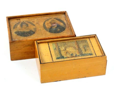 Two whitewood print decorated Tunbridge ware small writing boxes, both with sliding lids, one with a titled rectangular colou