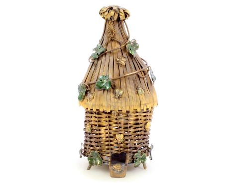 A large French gilt metal sewing companion in the form of a basket weave bee skep, circa 1870, octagonal alabaster base, the 