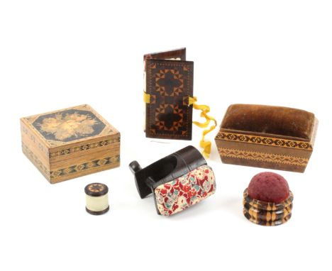 Tunbridge ware, mostly sewing, six pieces, comprising a rosewood stick ware needle book with ribbon tie and multiple flannels