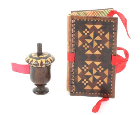 Tunbridge ware, sewing, two pieces, comprising a rosewood needle book in stick ware, tartan paper interior with flannels, clo
