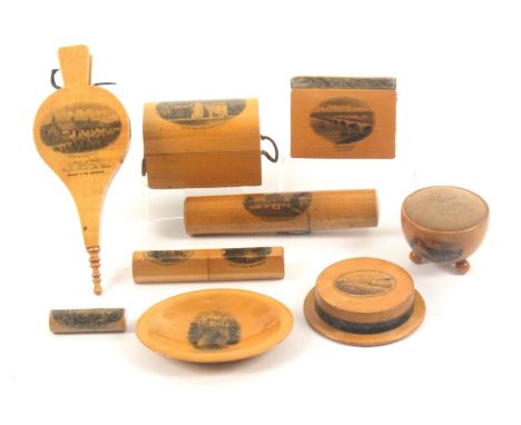 Mauchline ware, sewing, eight pieces, comprising a large bellow form pin cushion (Burns’ Cottage / Made of Wood ….. Doon / Bo