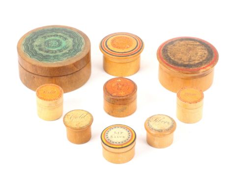 Nine whitewood label decorated Tunbridge ware and related circular boxes, comprising examples for Tooth Powder, 7.4cms, Imper