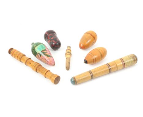 Seven whitewood paint decorated Tunbridge ware sewing accessories, comprising a pin poppet in the form of a flower bud, 6.5cm