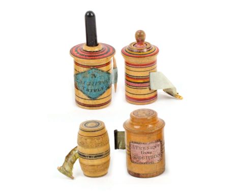 Four whitewood paint decorated Tunbridge ware tape measures, comprising a ring painted example with label ‘A Brighton Trifle’