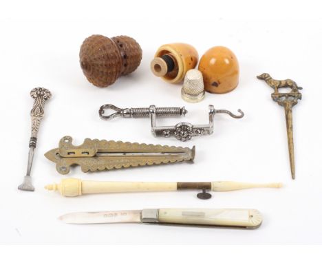 A mixed lot, sewing, comprising a three part bone tambour hook, small split to thread of hook cover, 13.5cms, two vegetable i