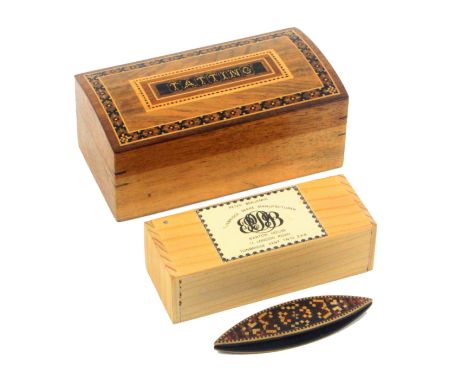 Tunbridge ware, tatting, a rare Tunbridge ware mosaic decorated box, the curved lid with inset panel in mosaic ‘Tatting’ with