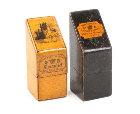 Two Scottish slant top needle packet boxes, with retailers labels, one with slant top engraving titled ‘Loch Leven Castle’, t