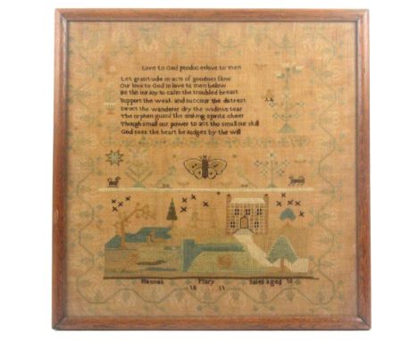 A sampler ‘Hannah Mary Sales aged 10, 1811’, with a verse ‘Love To God produces love to men …..’, over butterfly, trees and d