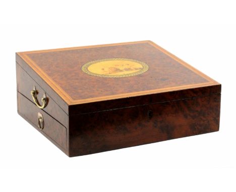A fine burr yew wood, inlaid and print decorated Tunbridge ware writing, paint and sewing box, the sloping lid with an oval p