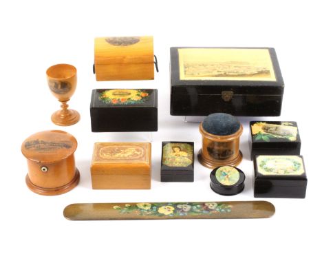 Mauchline ware, twelve pieces, comprising a rectangular box (black ground Scarborough From Oliver’s Mount), 15.7cms, another 