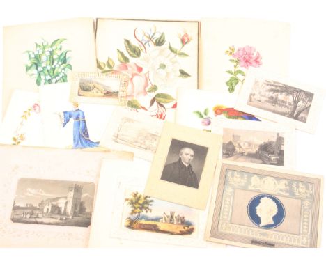 Prints, watercolours and engravings, comprising a cameo impressed portrait card of George IV ‘Presented Gratis with the Atlas