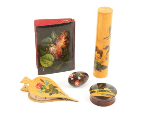 Five Belgian Spa work painted sewing accessories, comprising a finely floral painted thimble egg, 4cms, a floral painted bell
