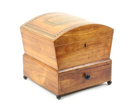 A rosewood inlaid and print decorated Tunbridge ware sewing box, the curved lid with a faded colour cut corner print of Georg