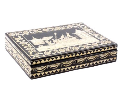 A Regency black ground pen work box, of shallow rectangular form, the lid with a chinoiserie scene of a sedan chair and entou